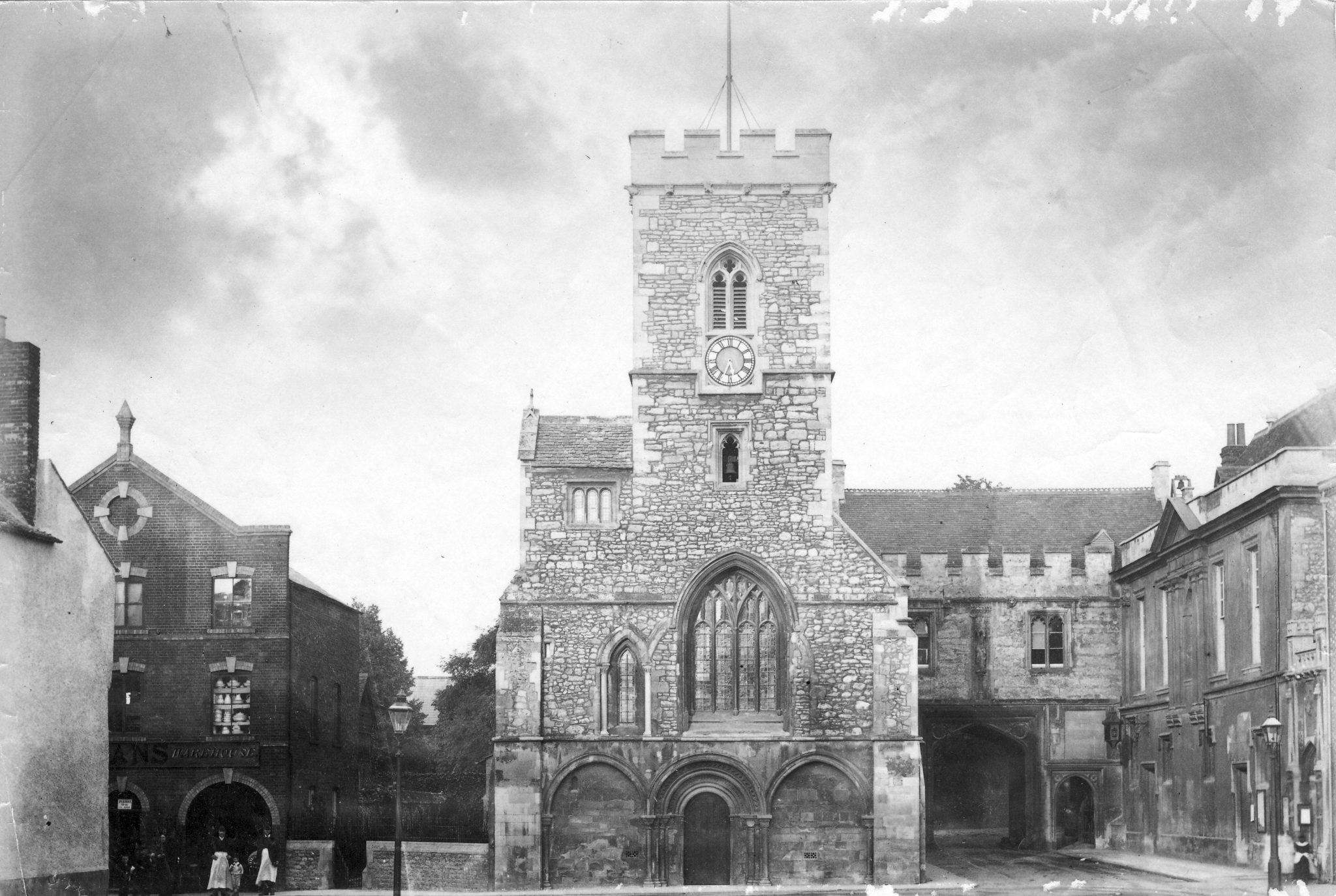 View from Market Place towards St Nicolas' Church and Abbey Gateway ...